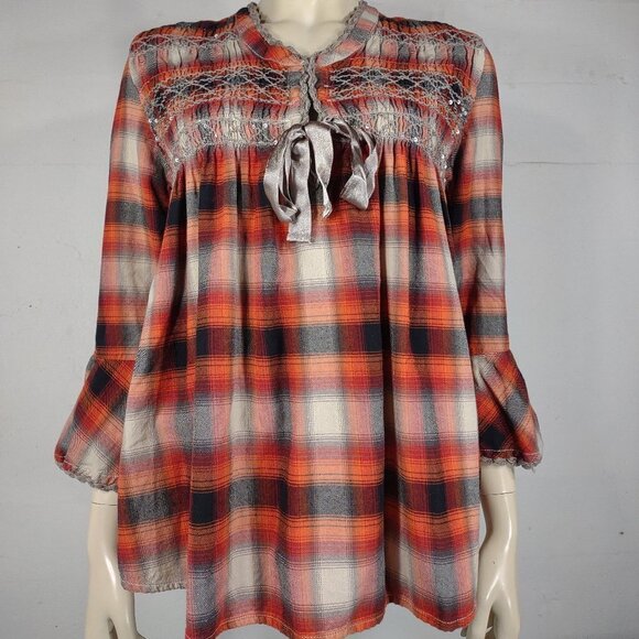 Sundance orange plaid smocked A-Line bell sleeve peasant top blouse ladies Small - Picture 1 of 6